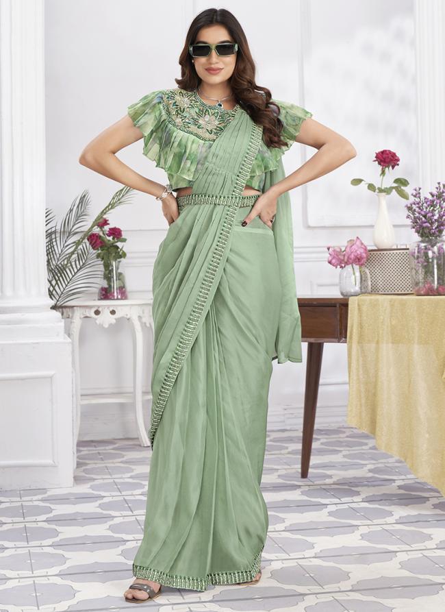 Shimmer Georgette Pista Green Party Wear Embroidery Work Ready To Wear Saree